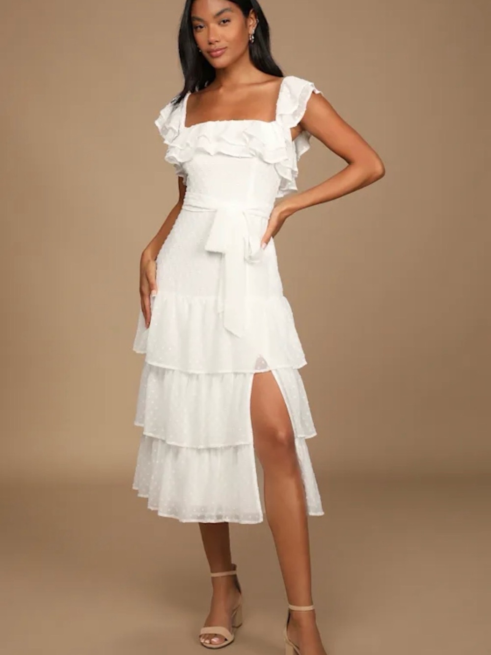 Lulu's White Ruffled High-Low Tiered Midi Dress with Waist Tie
